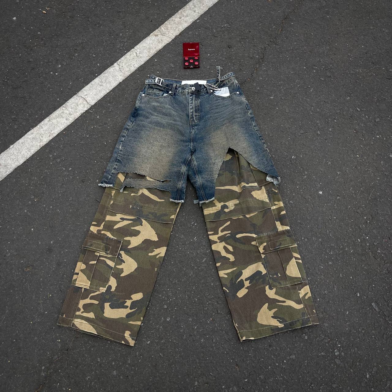 Distress Patch Camouflage Baggy Denim