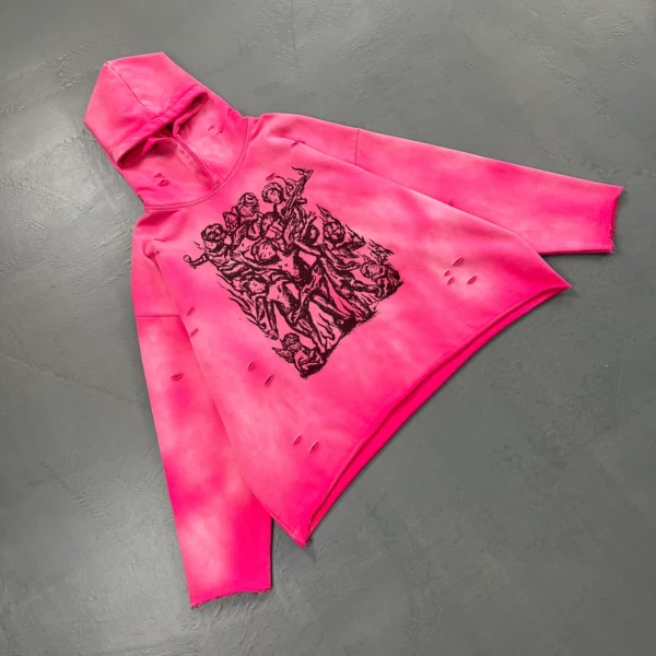 Bold cherub print Hoodie with ragged raw cut-off edges