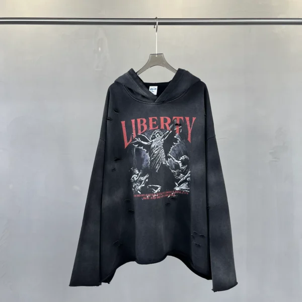 Liberty print raw cut-off edges hoodie