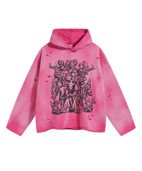 Bold cherub print Hoodie with ragged raw cut-off edges