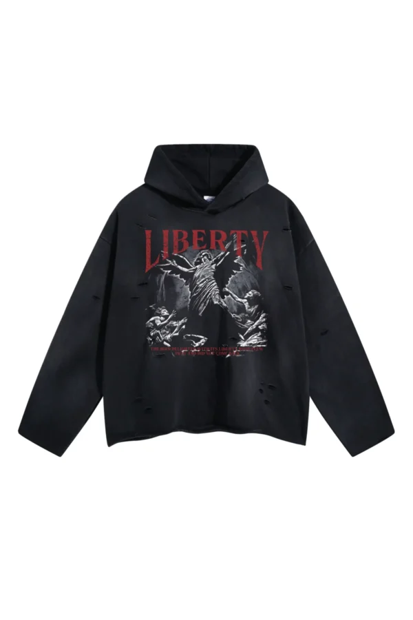 Liberty print raw cut-off edges hoodie