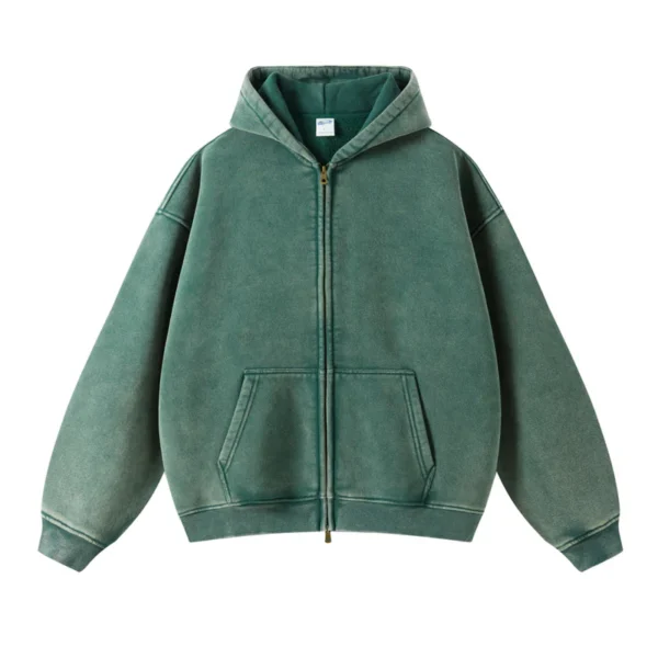Vintage-Wash Zip Hoodie – Emerald Green