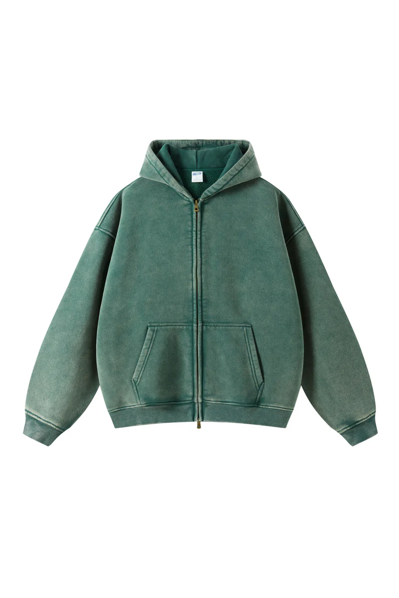 Vintage-Wash Zip Hoodie – Emerald Green