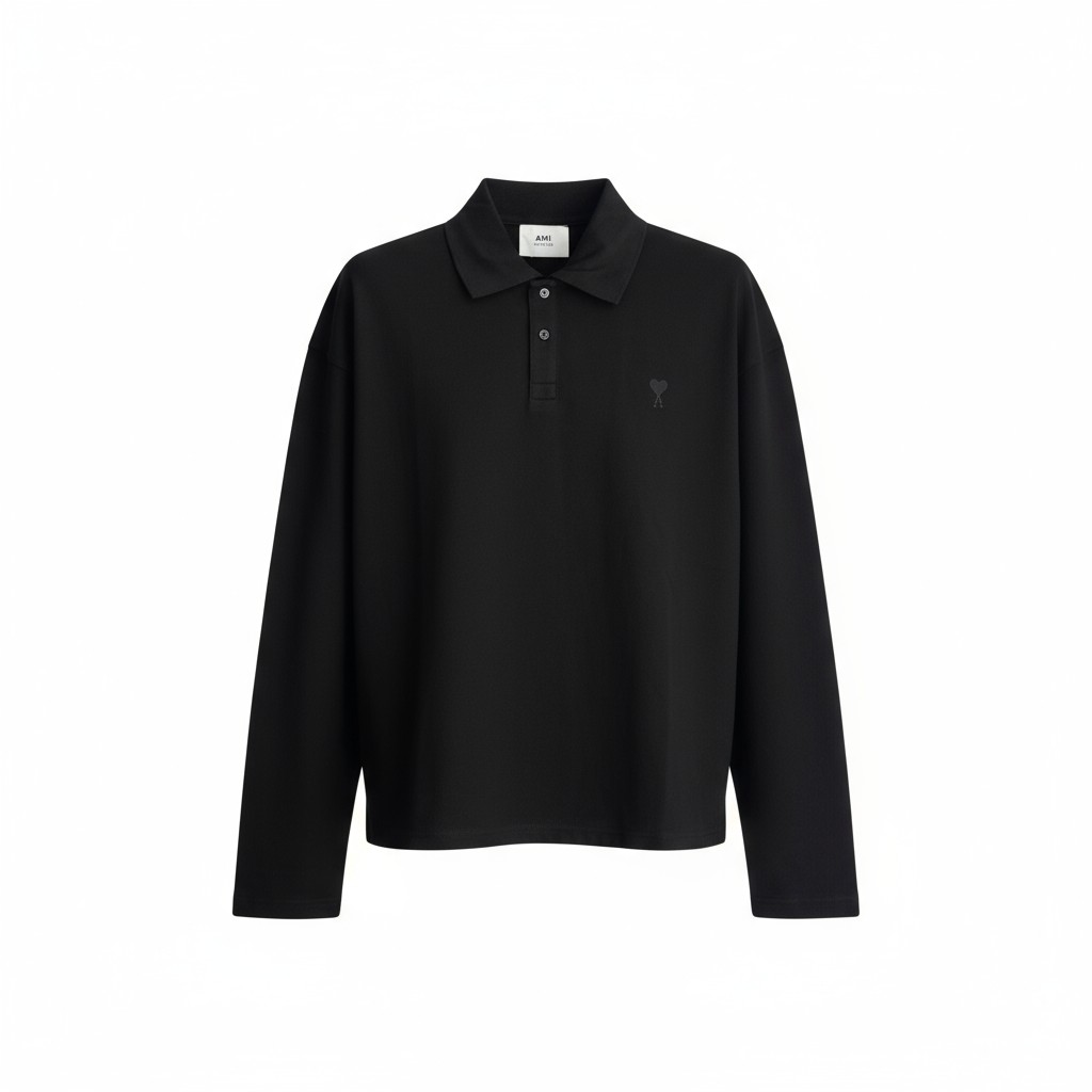 AMI Paris Black Ami De Cœur Long-Sleeve Polo Shirt