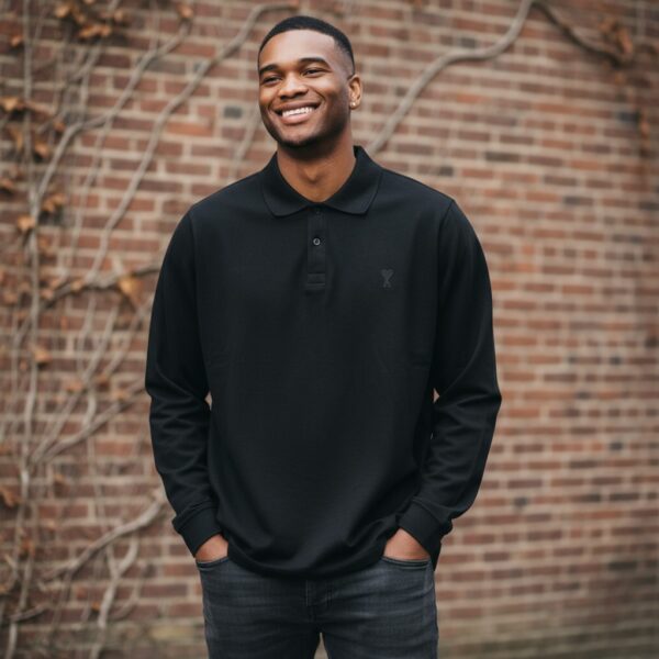 AMI Paris Black Ami De Cœur Long-Sleeve Polo Shirt