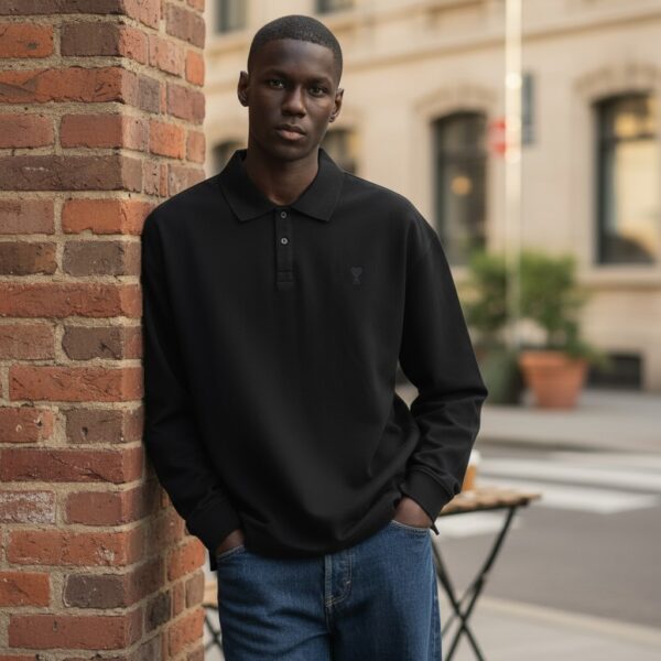 AMI Paris Black Ami De Cœur Long-Sleeve Polo Shirt