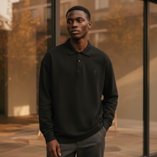 AMI Paris Black Ami De Cœur Long-Sleeve Polo Shirt