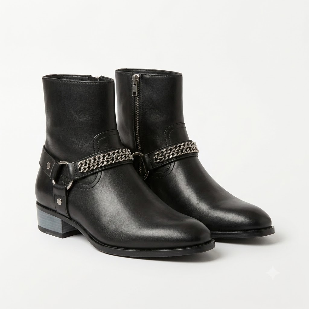 THE WHYTT CHAINED HARNESS RING LEATHER HEELED ANKLE BOOT IN BLACK