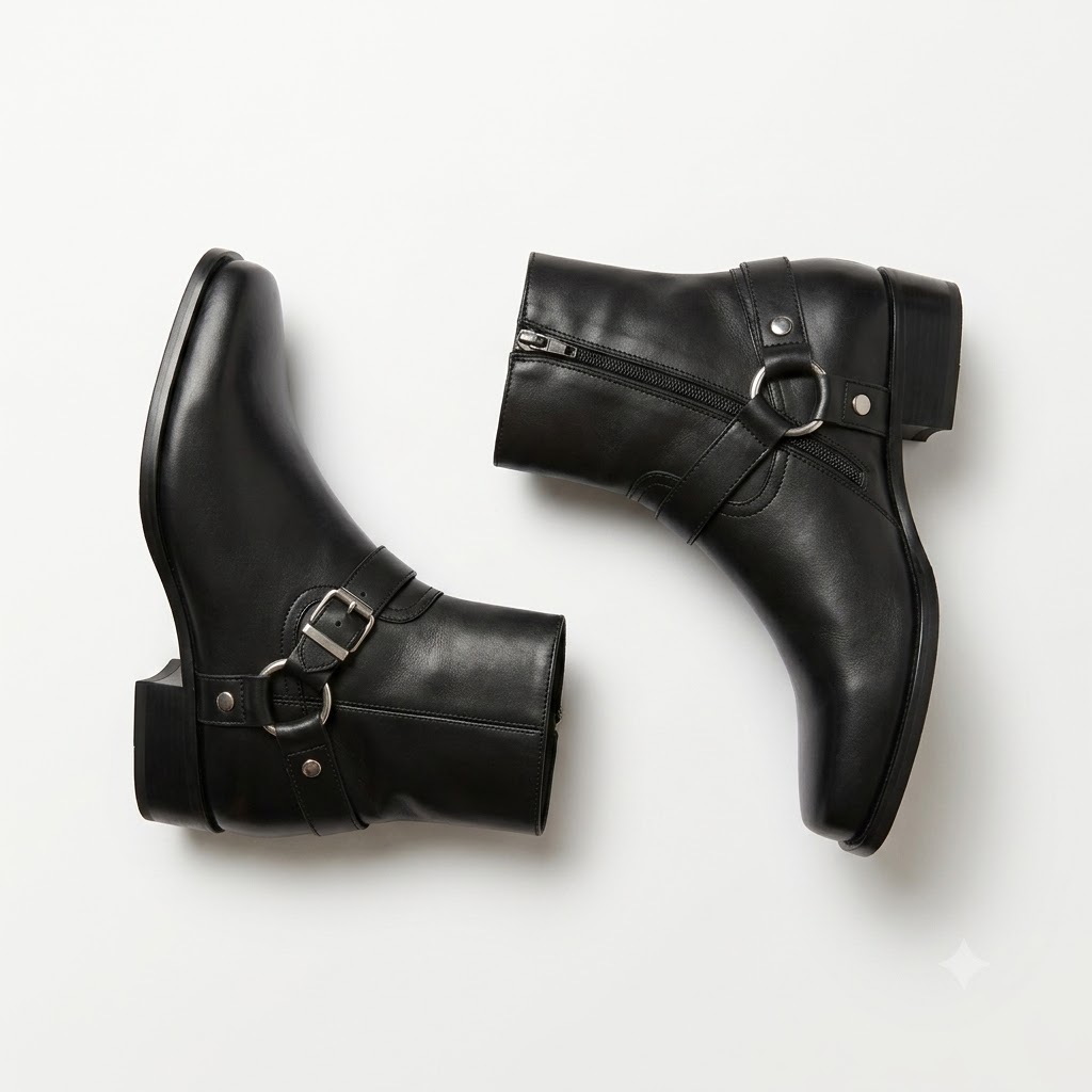 THE WHYTT HARNESS RING LEATHER HEELED ANKLE BOOT IN BLACK