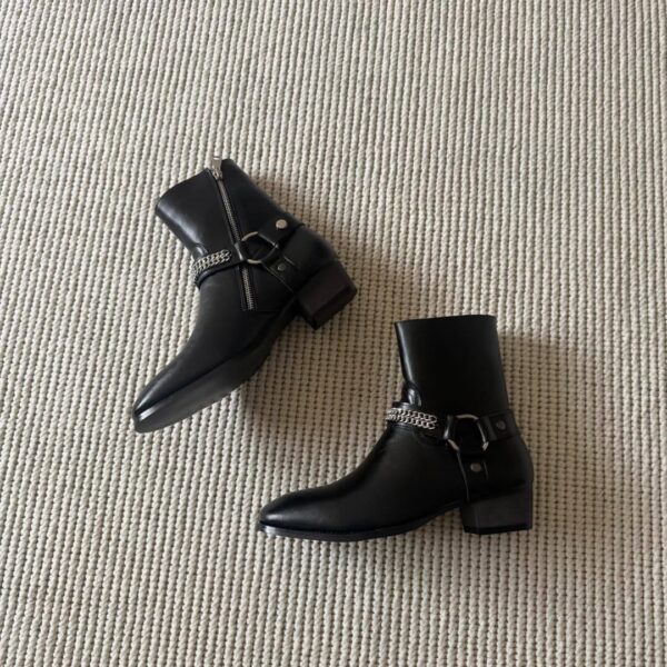 THE WHYTT CHAINED HARNESS RING LEATHER HEELED ANKLE BOOT IN BLACK