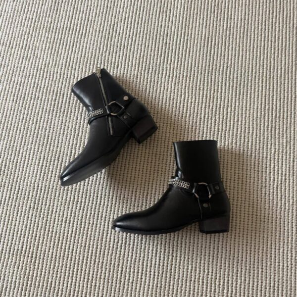 THE WHYTT CHAINED HARNESS RING LEATHER HEELED ANKLE BOOT IN BLACK