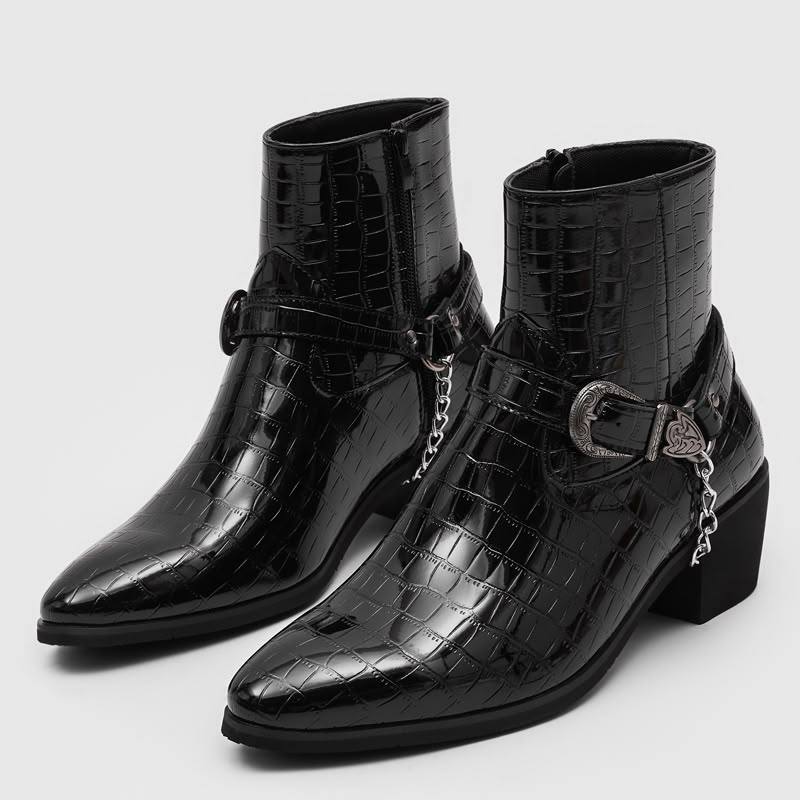 CROCODILE PYTHON HEELED ANKLE BOOT IN BLACK