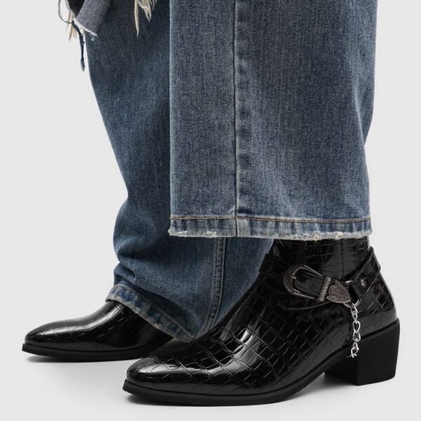 photo_5996750669051792868_x CROCODILE PYTHON HEELED ANKLE BOOT IN BLACK