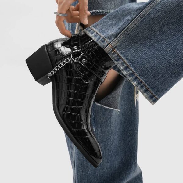 photo_5996750669051792871_x CROCODILE PYTHON HEELED ANKLE BOOT IN BLACK