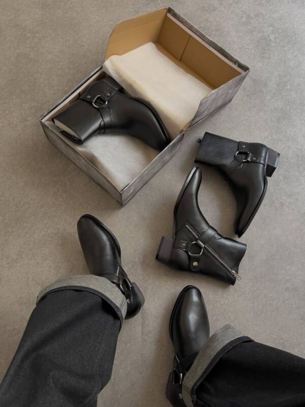 photo_5996750669051792888_y THE WHYTT HARNESS RING LEATHER HEELED ANKLE BOOT IN BLACK
